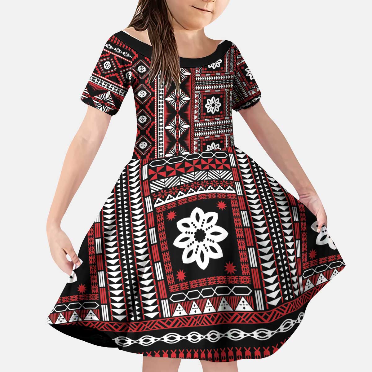 Fiji Masi Tapa Pattern Red Kid Short Sleeve Dress LT01 KID Red - Polynesian Pride