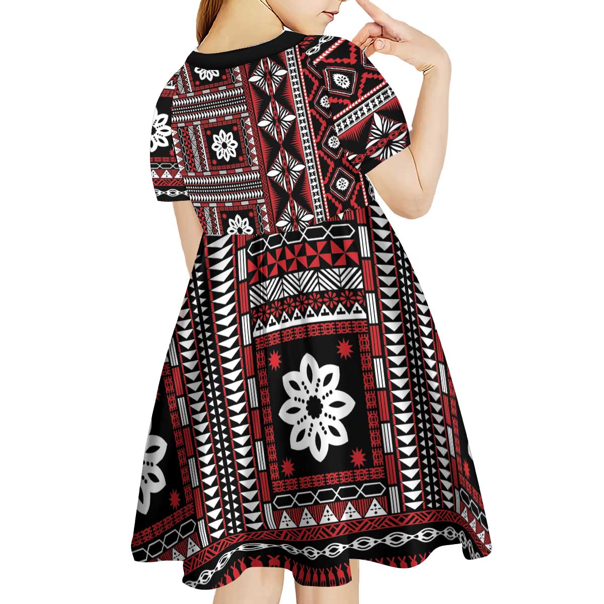 Fiji Masi Tapa Pattern Red Kid Short Sleeve Dress LT01 - Polynesian Pride