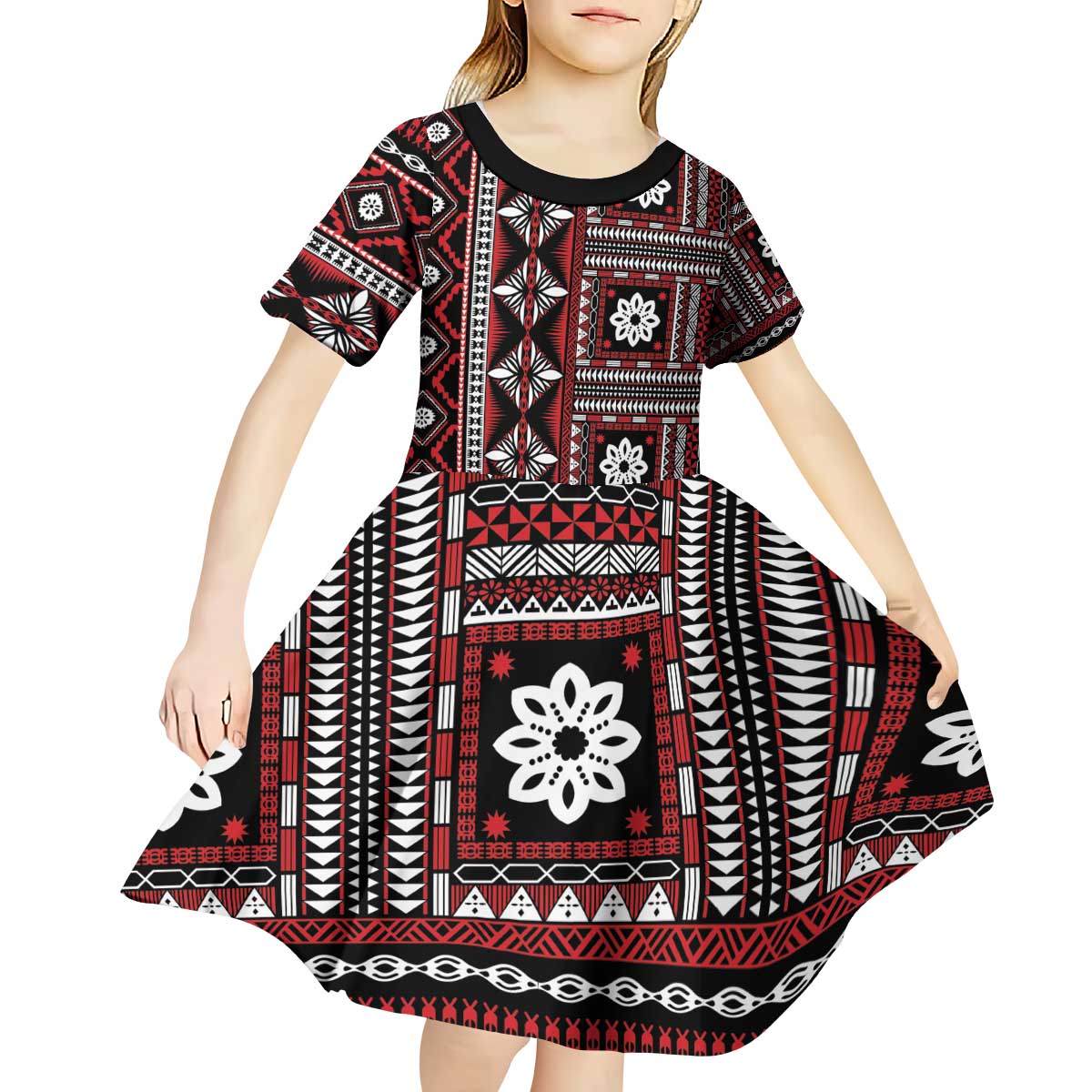 Fiji Masi Tapa Pattern Red Kid Short Sleeve Dress LT01 - Polynesian Pride