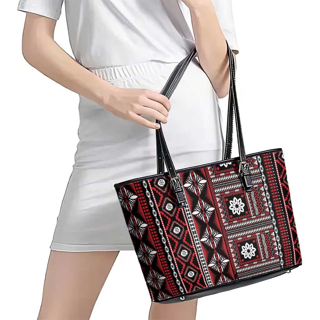 Fiji Masi Tapa Pattern Red Leather Tote Bag LT01 - Polynesian Pride