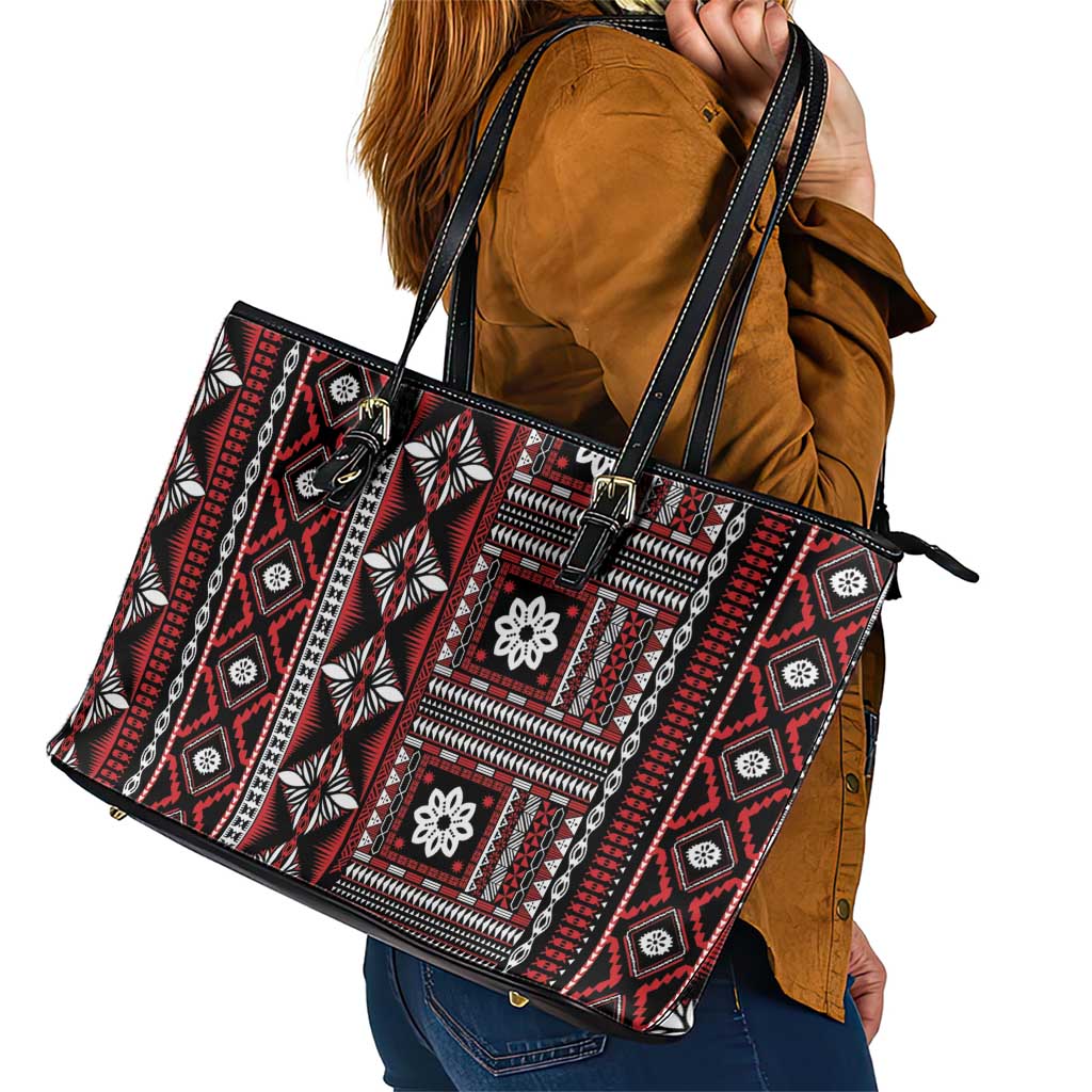 Fiji Masi Tapa Pattern Red Leather Tote Bag LT01 - Polynesian Pride