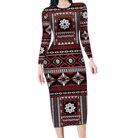 Fiji Masi Tapa Pattern Red Long Sleeve Bodycon Dress LT01 Long Dress Red - Polynesian Pride