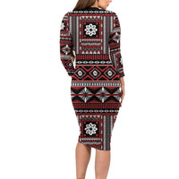 Fiji Masi Tapa Pattern Red Long Sleeve Bodycon Dress LT01 - Polynesian Pride