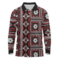 Fiji Masi Tapa Pattern Red Long Sleeve Polo Shirt LT01 Red - Polynesian Pride