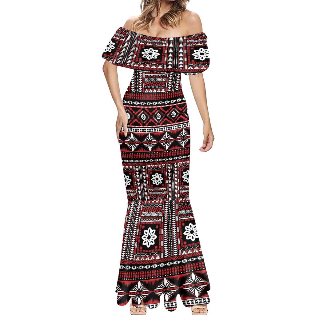 Fiji Masi Tapa Pattern Red Mermaid Dress LT01 - Polynesian Pride