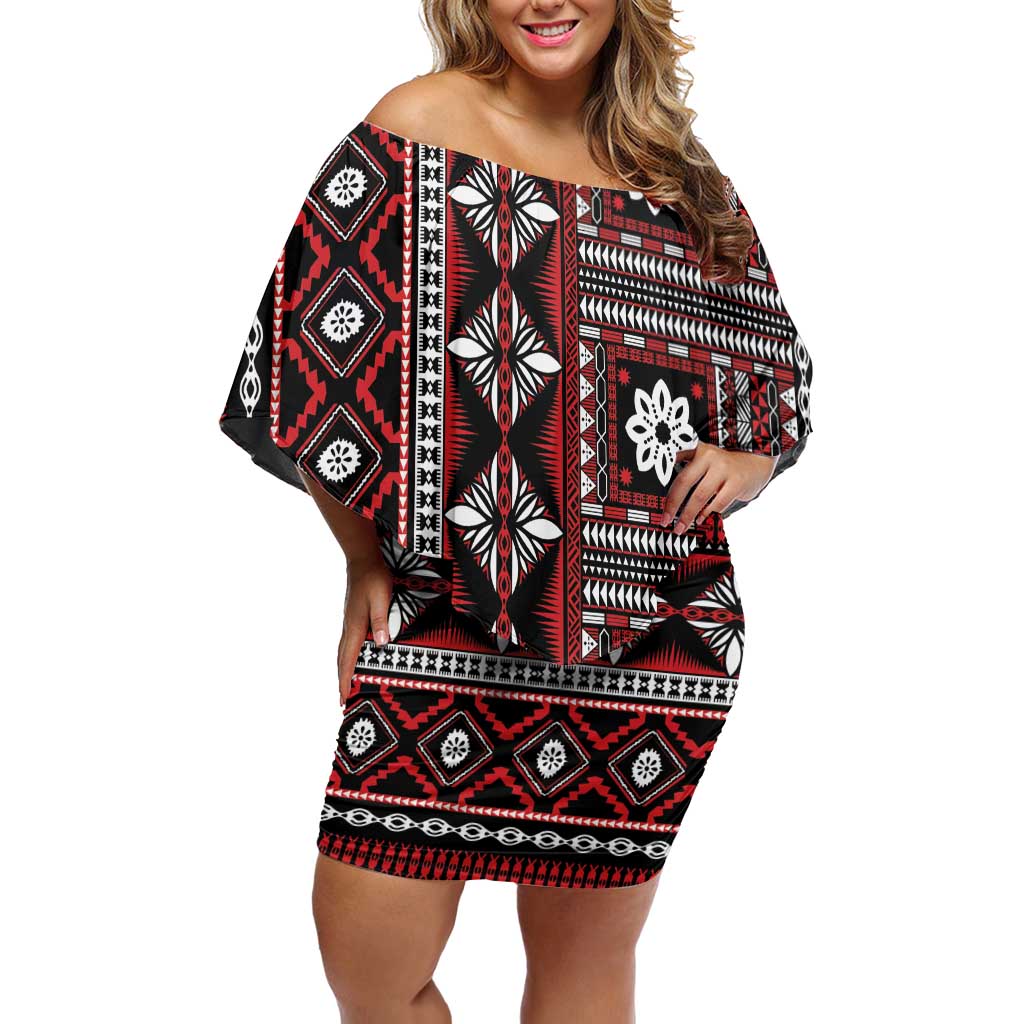 Fiji Masi Tapa Pattern Red Off Shoulder Short Dress LT01 Women Red - Polynesian Pride