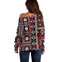 Fiji Masi Tapa Pattern Red Off Shoulder Sweater LT01 - Polynesian Pride