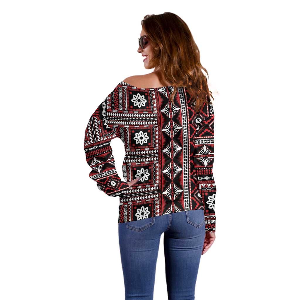 Fiji Masi Tapa Pattern Red Off Shoulder Sweater LT01 - Polynesian Pride