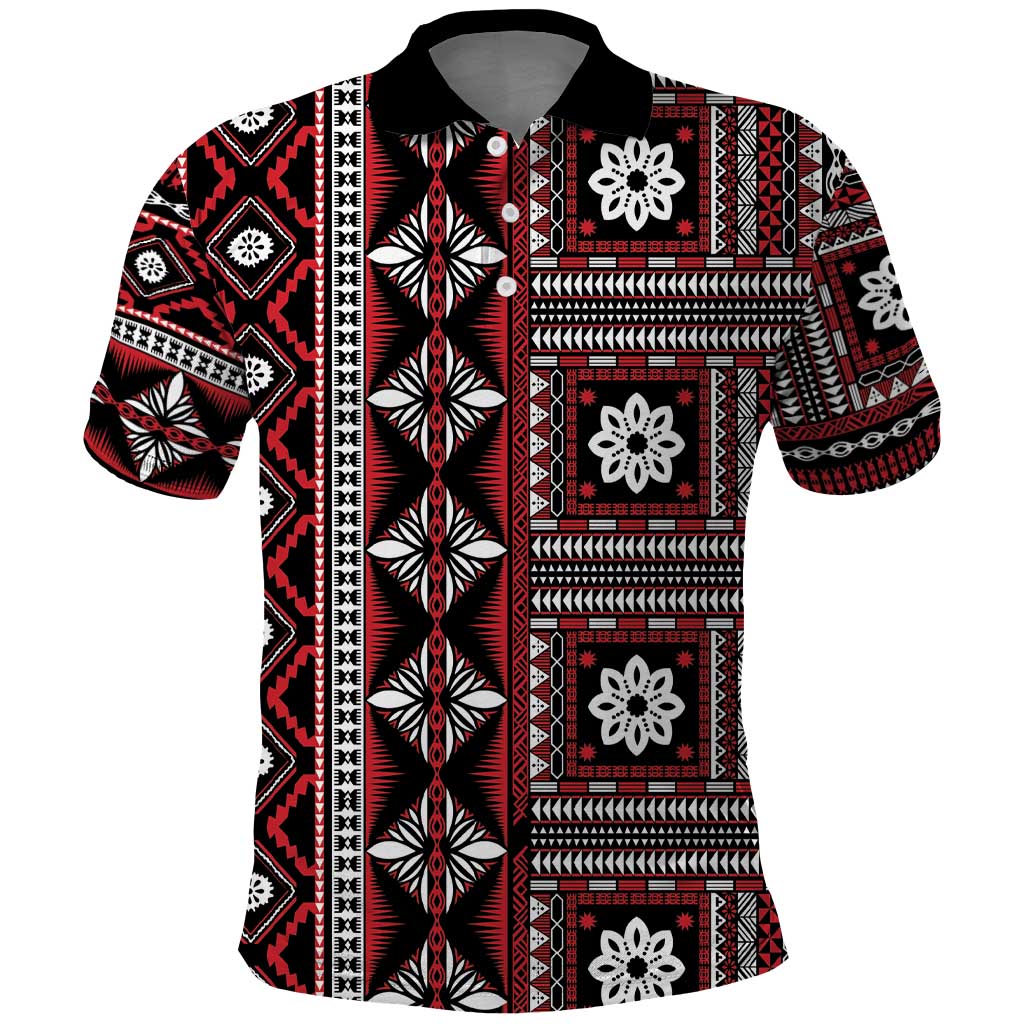 Fiji Masi Tapa Pattern Red Polo Shirt LT01 Red - Polynesian Pride