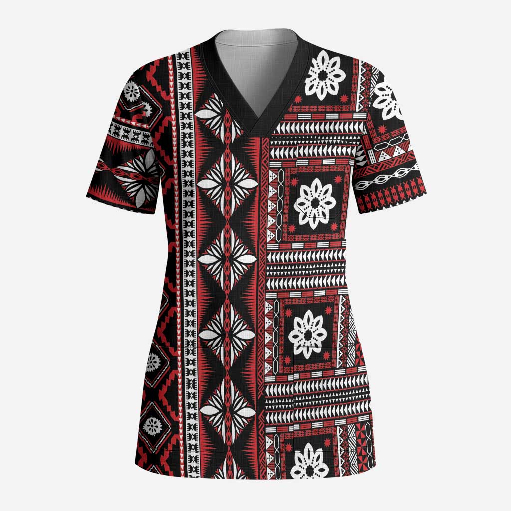 Fiji Masi Tapa Pattern Red Scrub Top LT01 Adult Red - Polynesian Pride