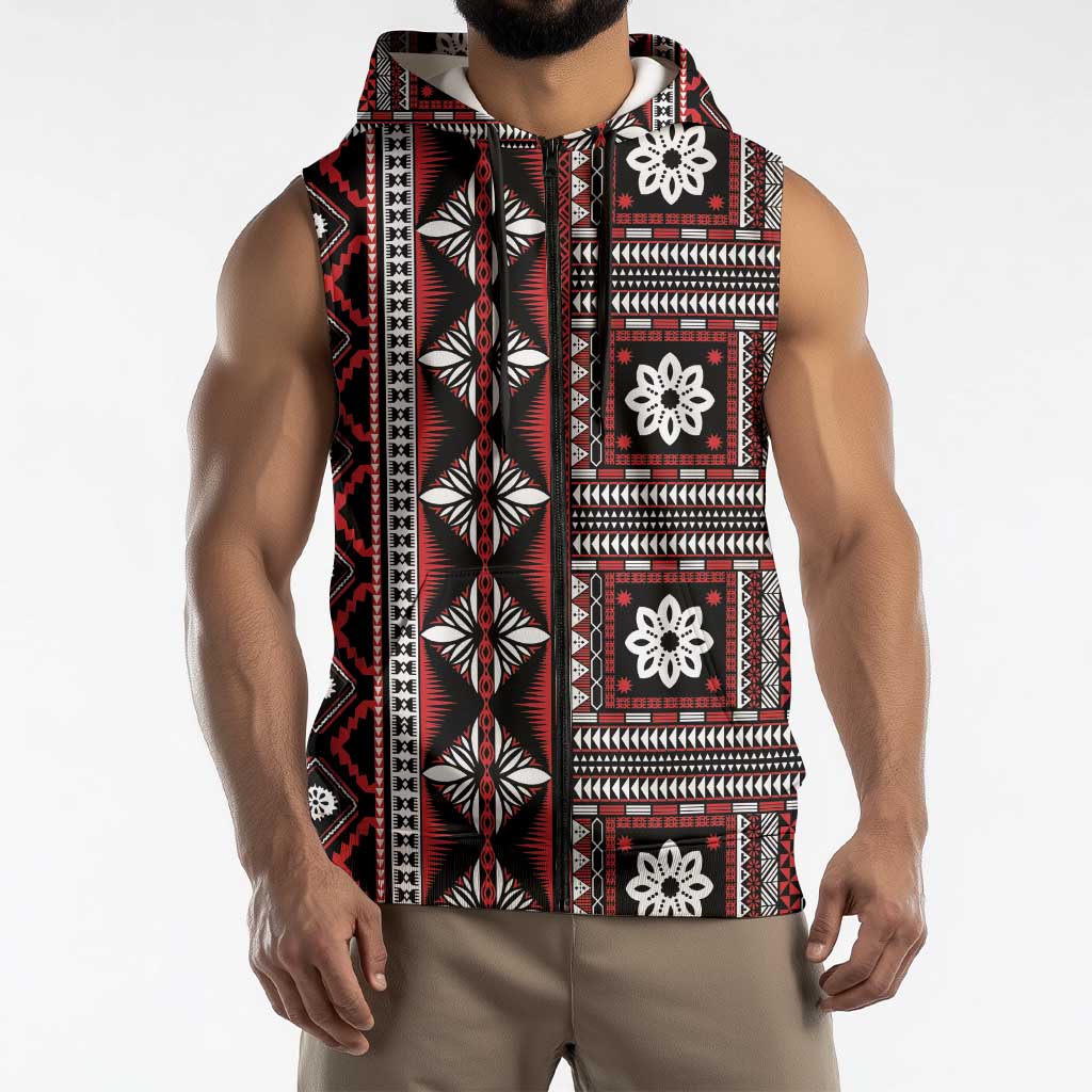 Fiji Masi Tapa Pattern Red Sleeveless Zip Hoodie LT01 - Polynesian Pride