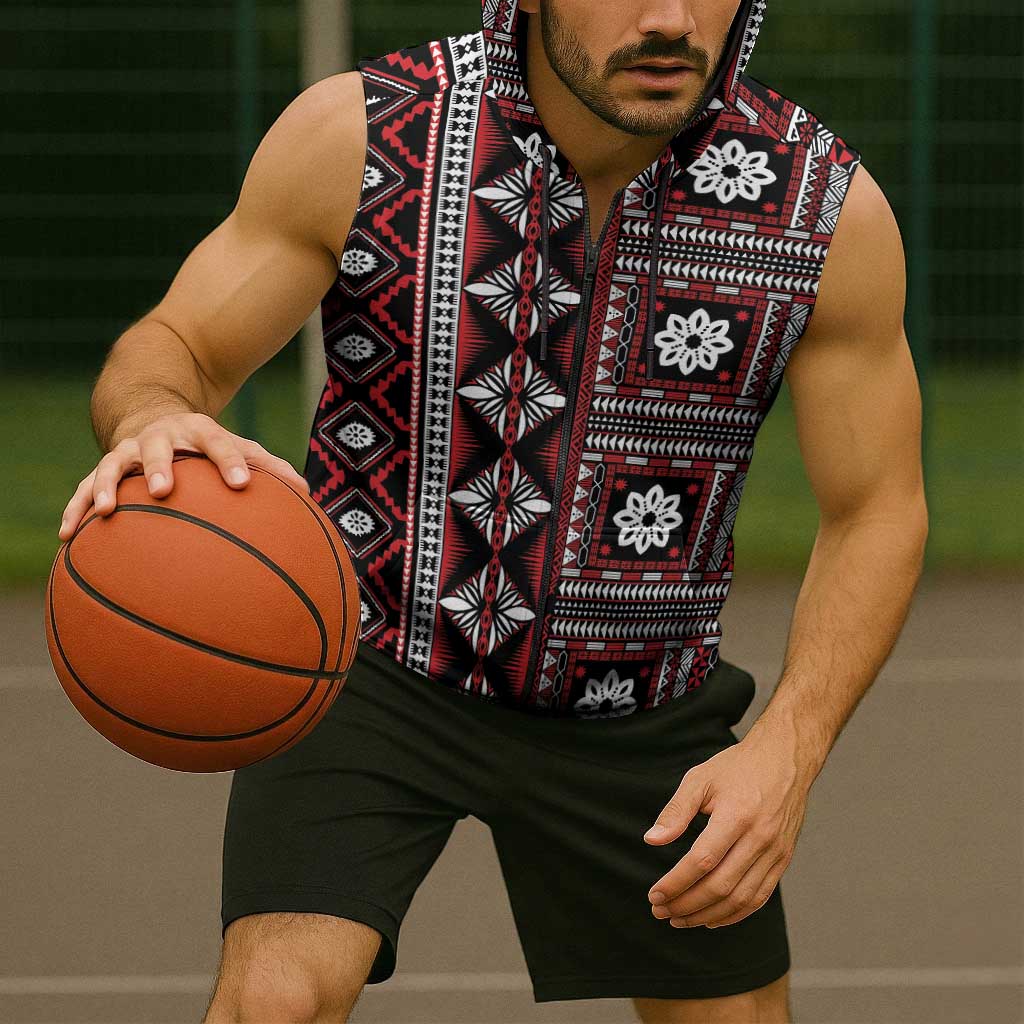 Fiji Masi Tapa Pattern Red Sleeveless Zip Hoodie LT01 - Polynesian Pride