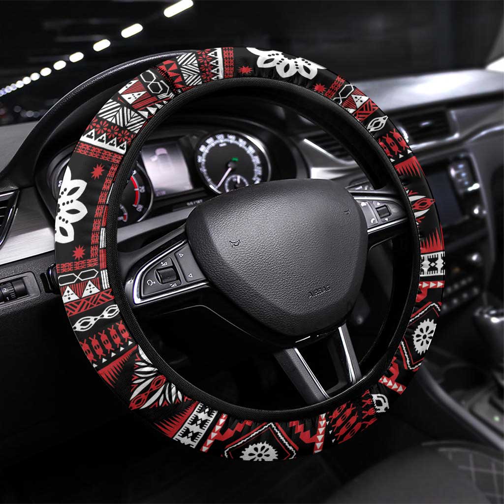 Fiji Masi Tapa Pattern Red Steering Wheel Cover LT01 Universal Fit Red - Polynesian Pride