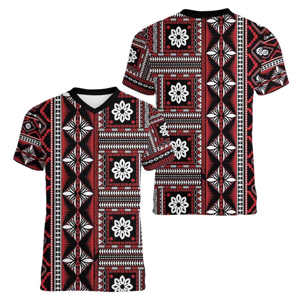 Fiji Masi Tapa Pattern Red Women V-Neck T-Shirt LT01 - Polynesian Pride
