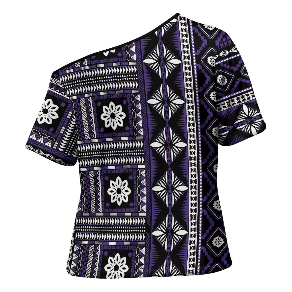 Fiji Masi Tapa Pattern Purple Cross Shoulder Shirt LT01 - Polynesian Pride