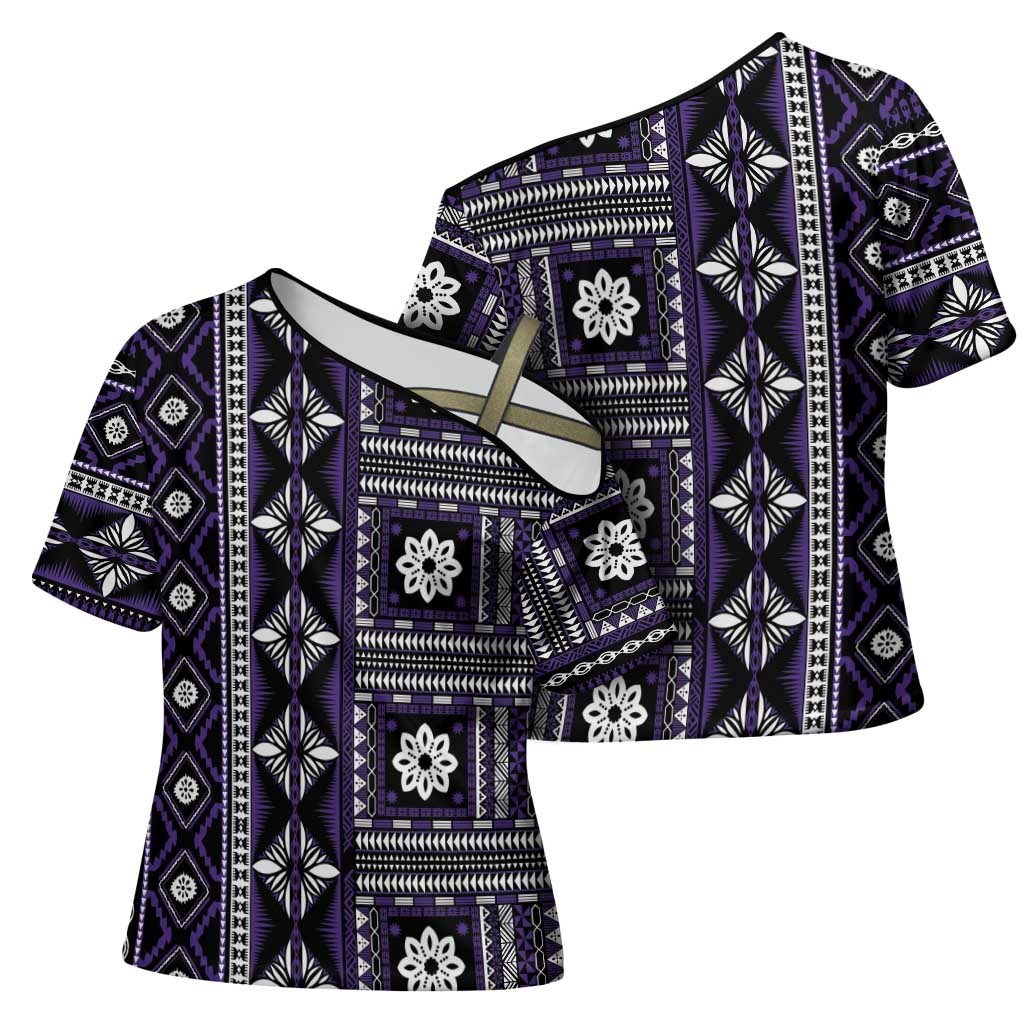 Fiji Masi Tapa Pattern Purple Cross Shoulder Shirt LT01 - Polynesian Pride