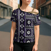 Fiji Masi Tapa Pattern Purple Cross Shoulder Shirt LT01 - Polynesian Pride