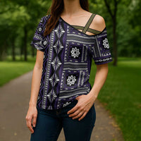Fiji Masi Tapa Pattern Purple Cross Shoulder Shirt LT01 - Polynesian Pride