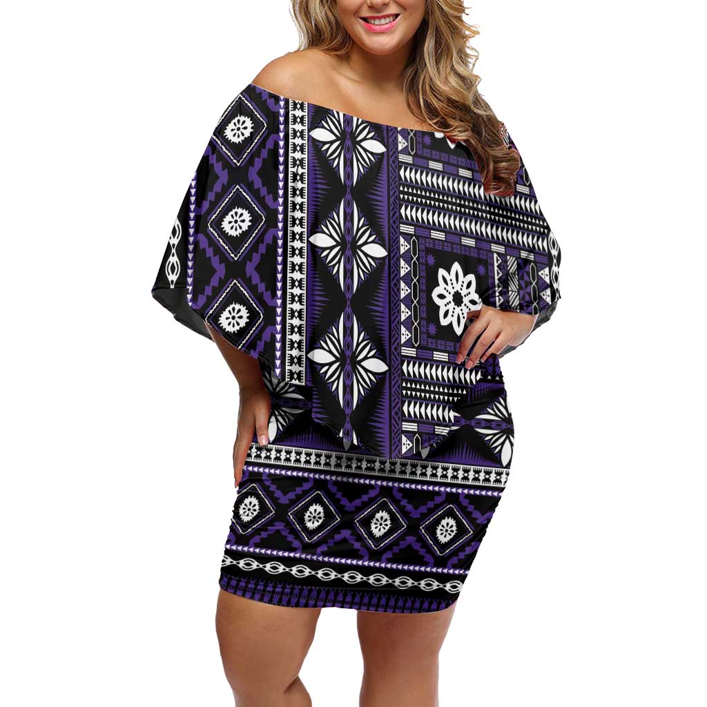 Fiji Masi Tapa Pattern Purple Off Shoulder Short Dress LT01 Women Purple - Polynesian Pride