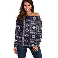 Fiji Masi Tapa Pattern Purple Off Shoulder Sweater LT01 Women Purple - Polynesian Pride