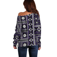 Fiji Masi Tapa Pattern Purple Off Shoulder Sweater LT01 - Polynesian Pride