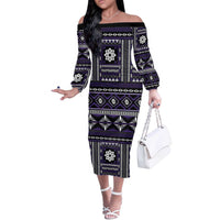 Fiji Masi Tapa Pattern Purple Off The Shoulder Long Sleeve Dress LT01 Women Purple - Polynesian Pride