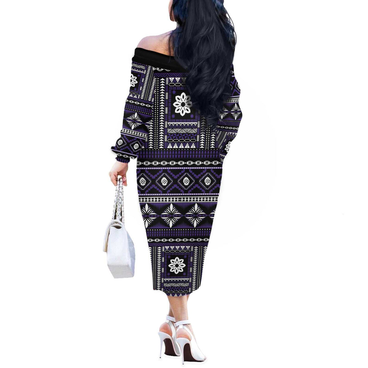 Fiji Masi Tapa Pattern Purple Off The Shoulder Long Sleeve Dress LT01 - Polynesian Pride