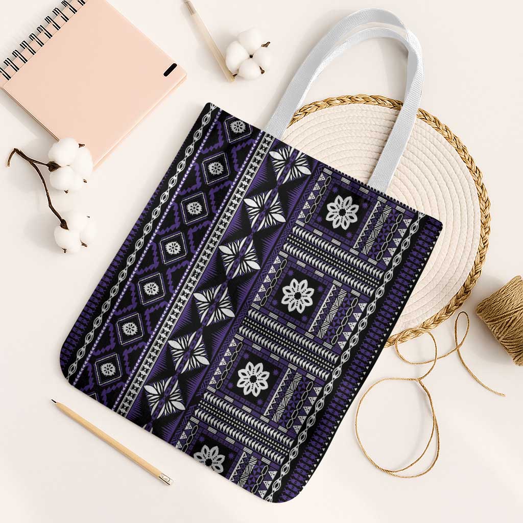 Fiji Masi Tapa Pattern Purple Tote Bag LT01 White Strap One Size Purple - Polynesian Pride
