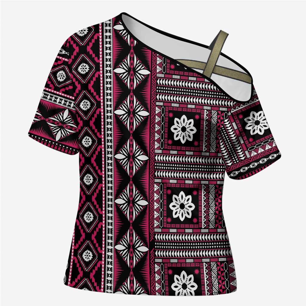 Fiji Masi Tapa Pattern Pink Cross Shoulder Shirt LT01 Female Pink - Polynesian Pride