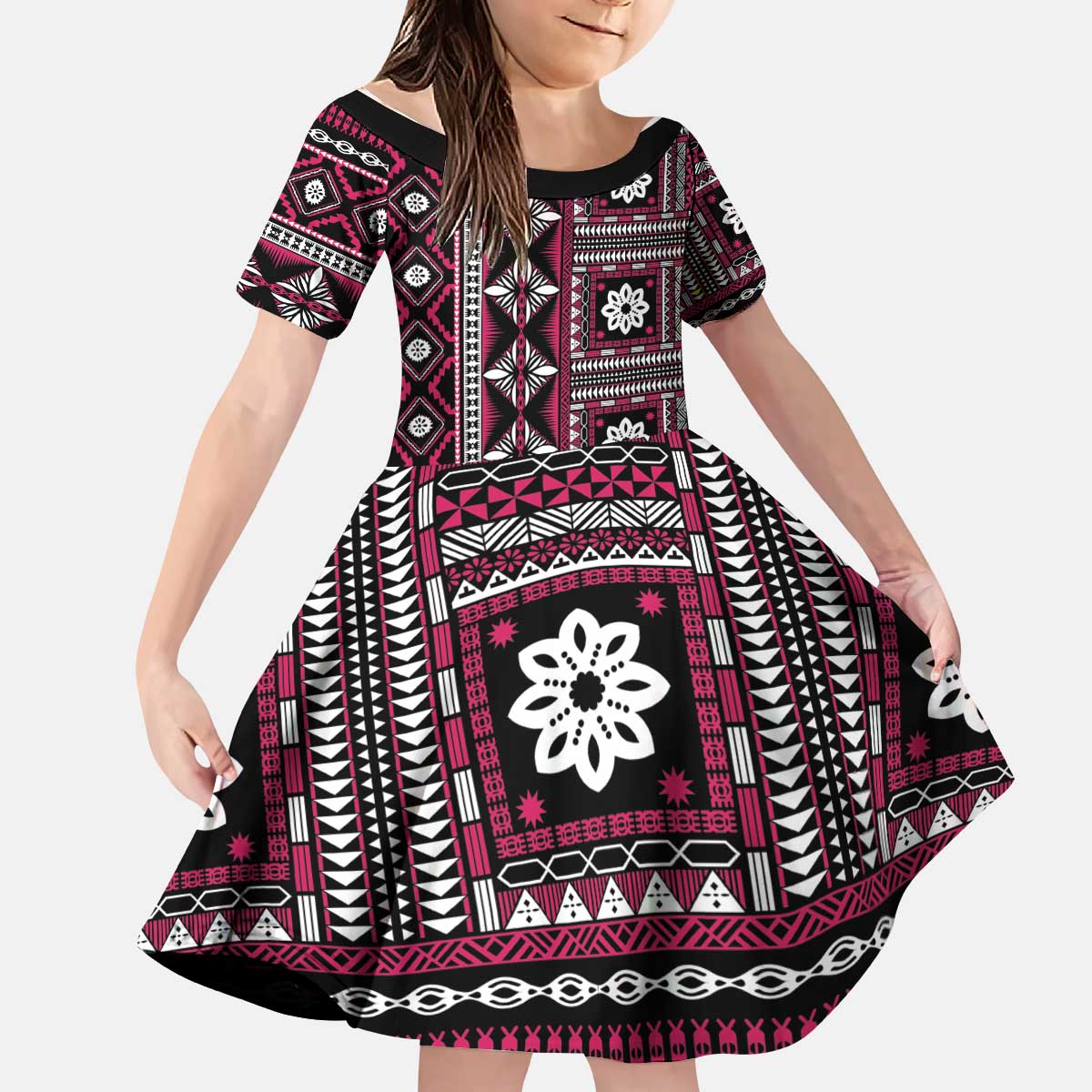 Fiji Masi Tapa Pattern Pink Kid Short Sleeve Dress LT01 KID Pink - Polynesian Pride