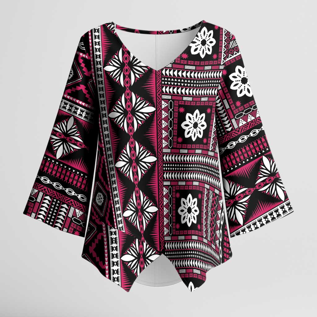 Fiji Masi Tapa Pattern Pink Kimono Sleeve Blouse LT01 Female Pink - Polynesian Pride