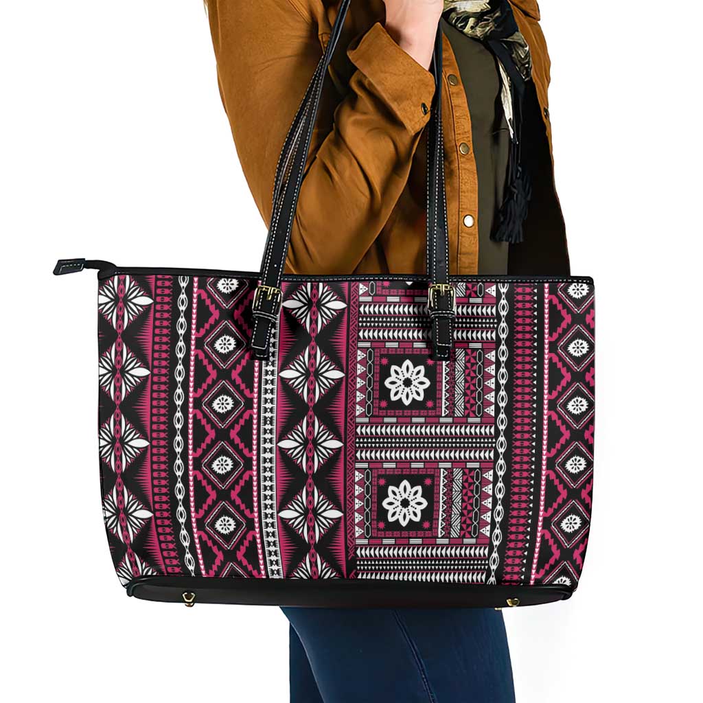 Fiji Masi Tapa Pattern Pink Leather Tote Bag LT01 - Polynesian Pride