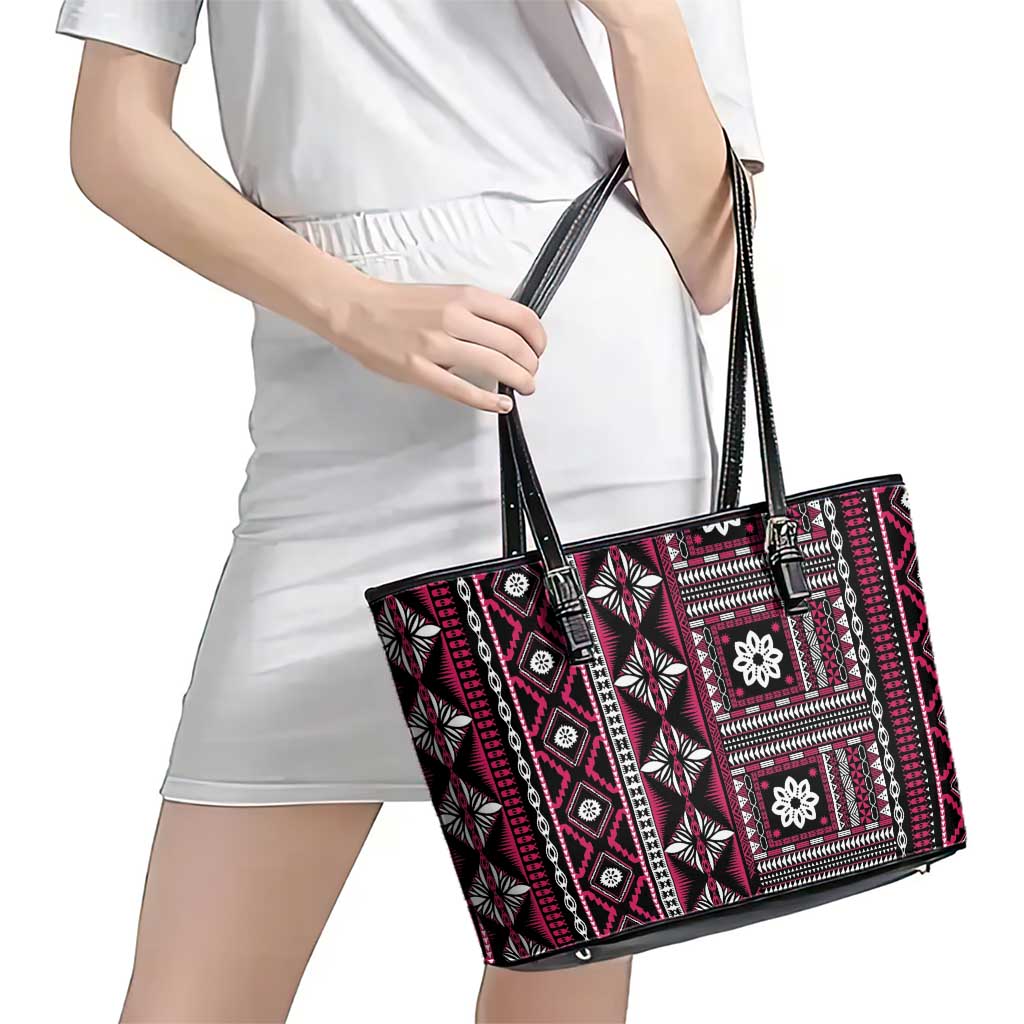 Fiji Masi Tapa Pattern Pink Leather Tote Bag LT01 - Polynesian Pride