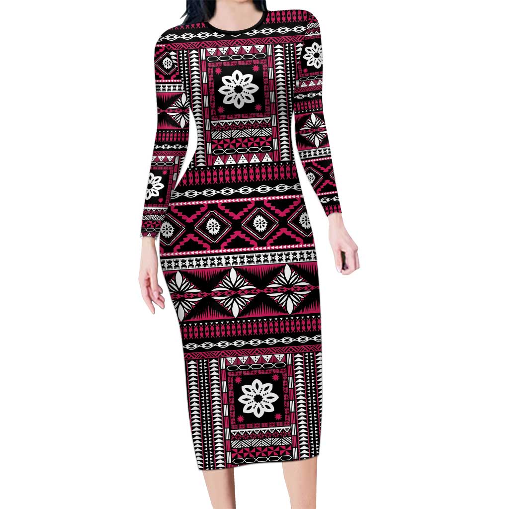 Fiji Masi Tapa Pattern Pink Long Sleeve Bodycon Dress LT01 Long Dress Pink - Polynesian Pride