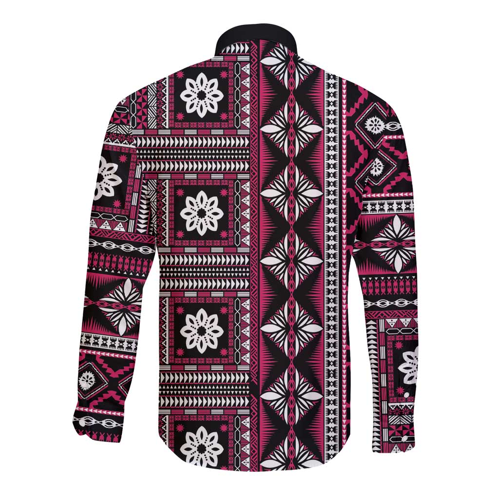 Fiji Masi Tapa Pattern Pink Long Sleeve Button Shirt LT01 - Polynesian Pride