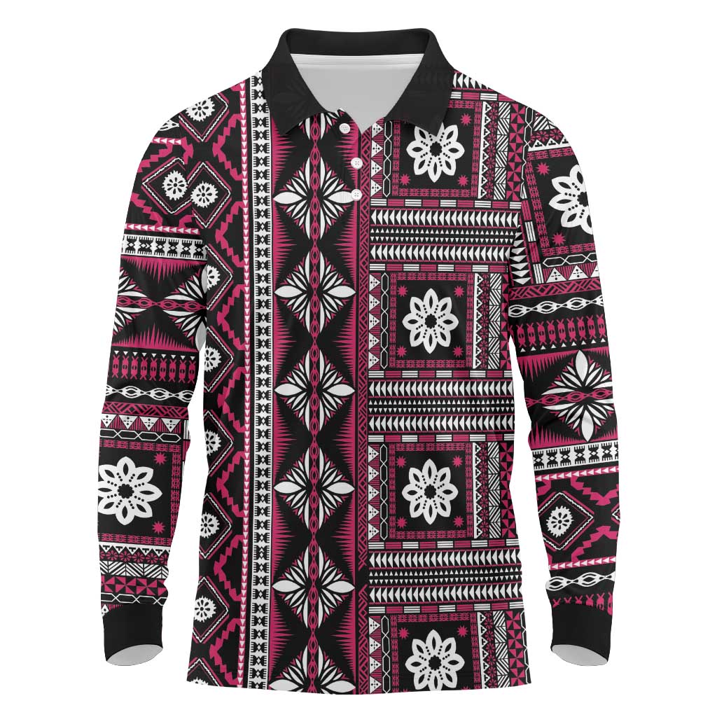 Fiji Masi Tapa Pattern Pink Long Sleeve Polo Shirt LT01 Pink - Polynesian Pride