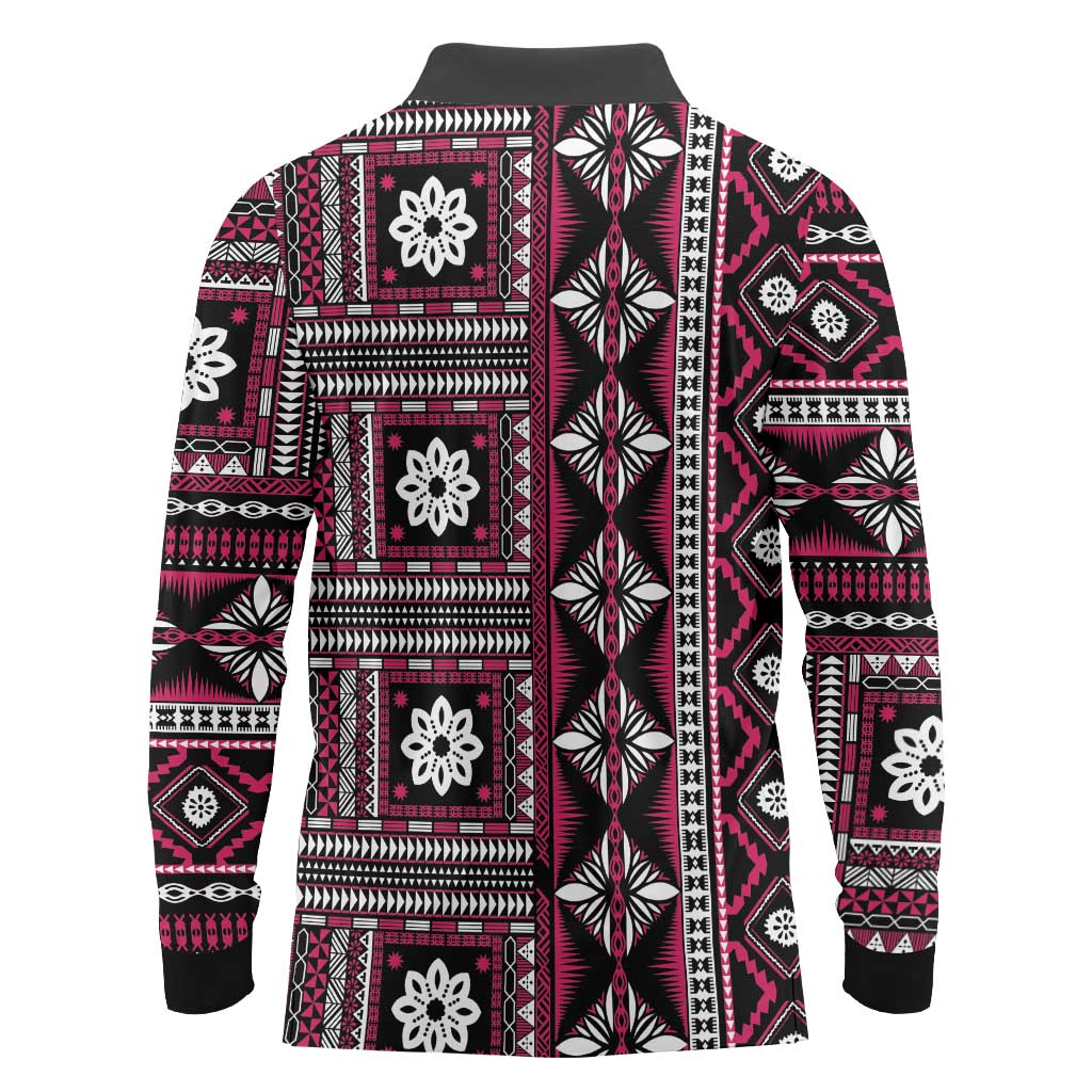 Fiji Masi Tapa Pattern Pink Long Sleeve Polo Shirt LT01 - Polynesian Pride