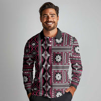 Fiji Masi Tapa Pattern Pink Long Sleeve Polo Shirt LT01 - Polynesian Pride
