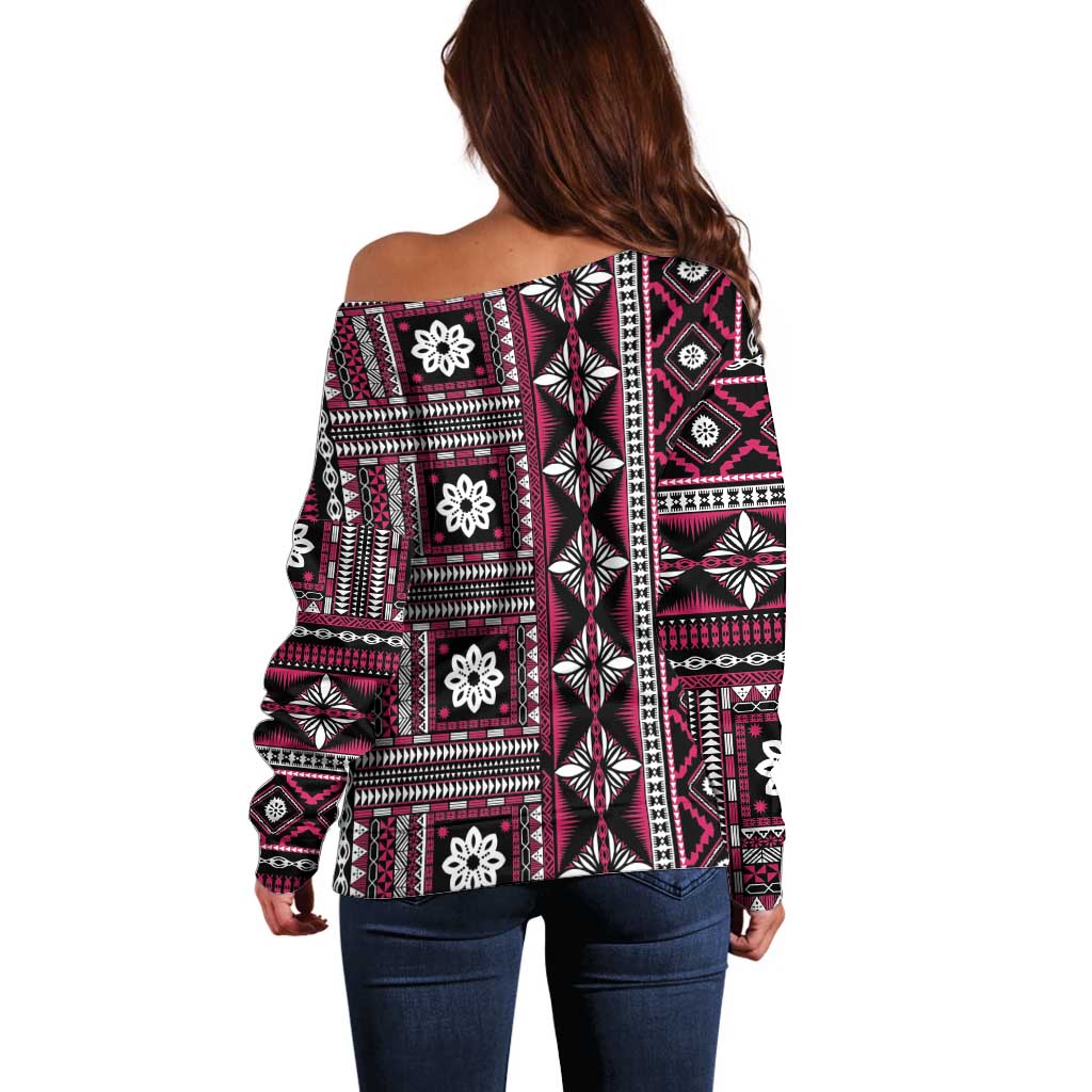 Fiji Masi Tapa Pattern Pink Off Shoulder Sweater LT01 - Polynesian Pride