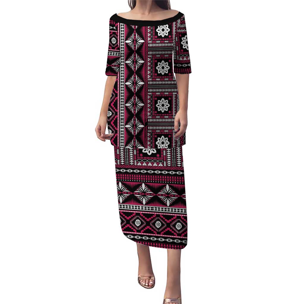 Fiji Masi Tapa Pattern Pink Puletasi LT01 Long Dress Pink - Polynesian Pride