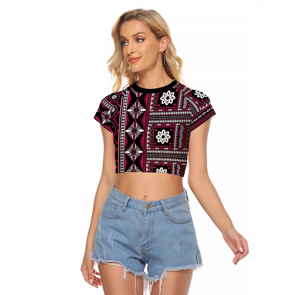 Fiji Masi Tapa Pattern Pink Raglan Cropped T Shirt LT01 Female Pink - Polynesian Pride