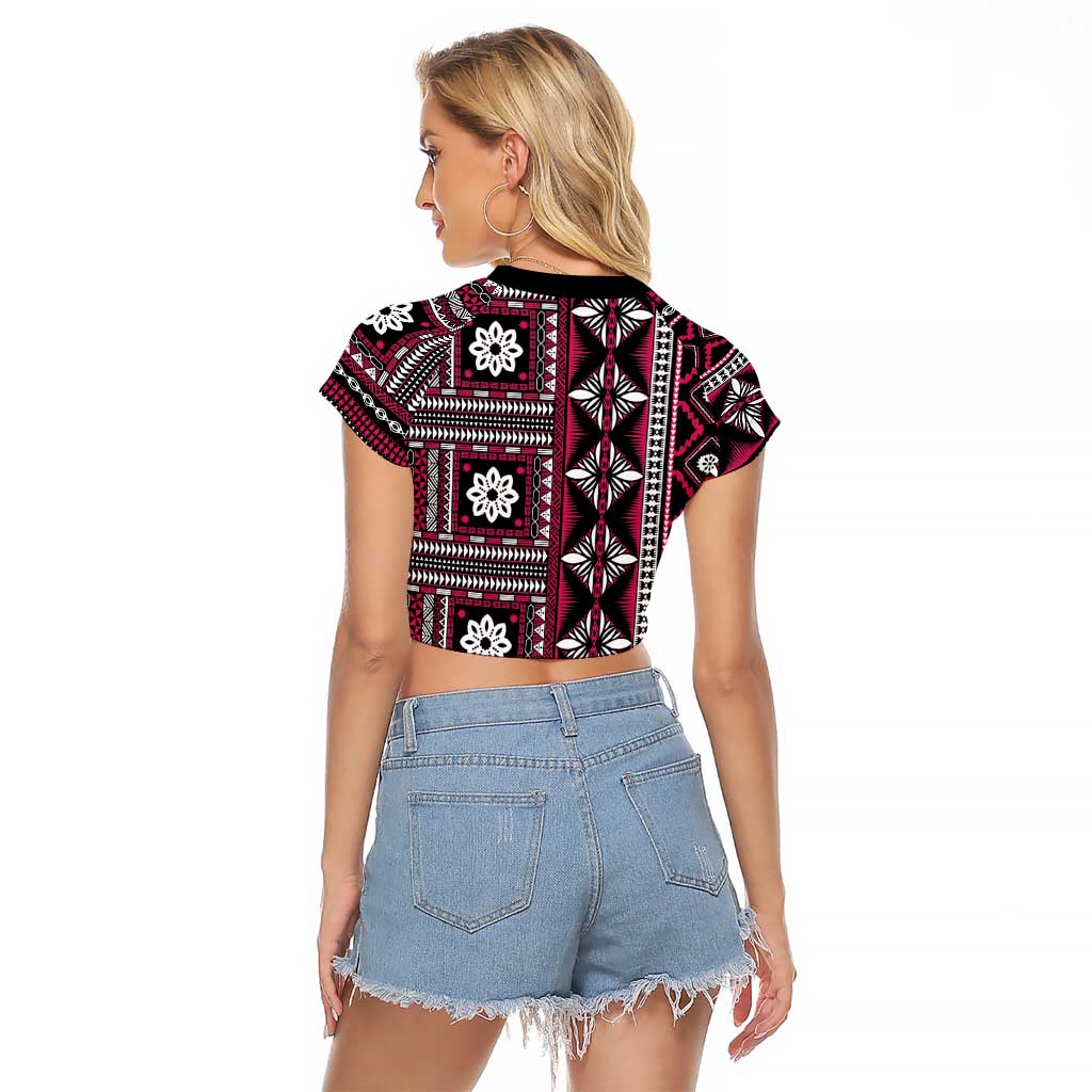 Fiji Masi Tapa Pattern Pink Raglan Cropped T Shirt LT01 - Polynesian Pride