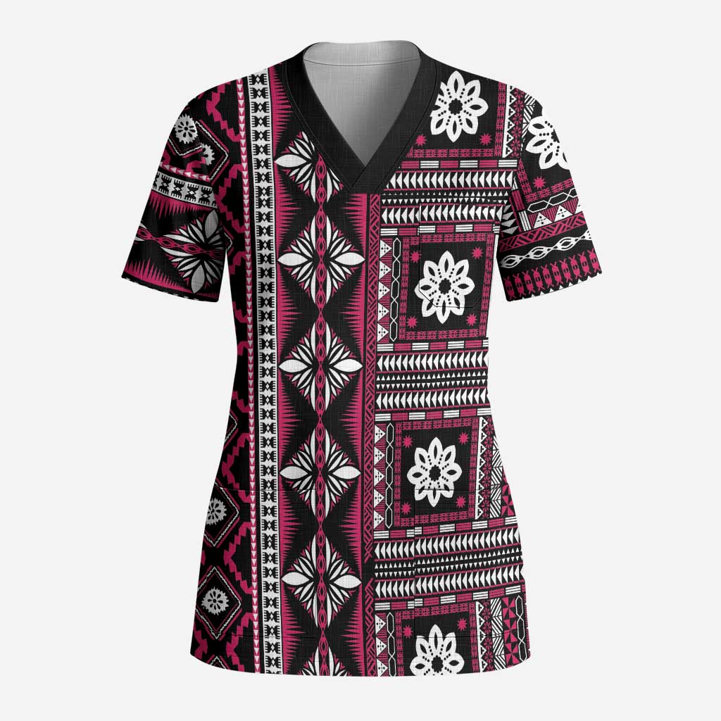 Fiji Masi Tapa Pattern Pink Scrub Top LT01 Adult Pink - Polynesian Pride