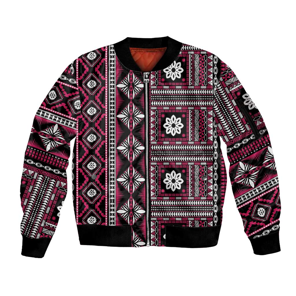 Fiji Masi Tapa Pattern Pink Sleeve Zip Bomber Jacket LT01 Unisex Pink - Polynesian Pride