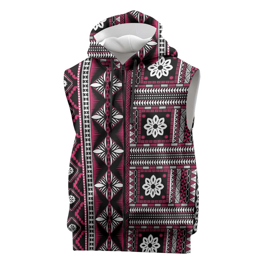 Fiji Masi Tapa Pattern Pink Sleeveless Zip Hoodie LT01 Pink - Polynesian Pride