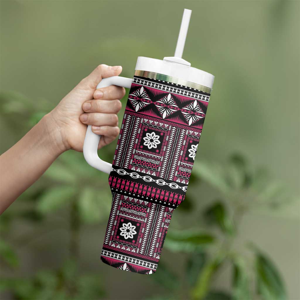 Fiji Masi Tapa Pattern Pink Tumbler With Handle LT01 - Polynesian Pride