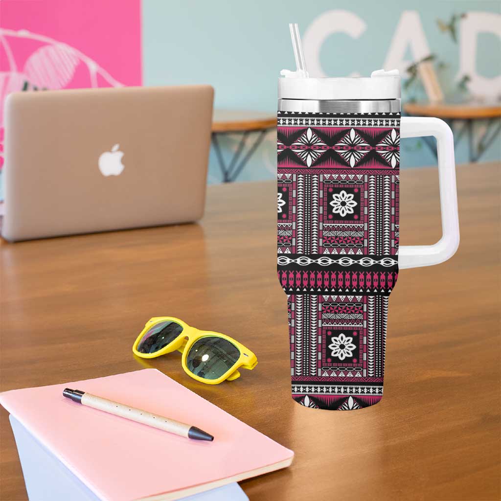 Fiji Masi Tapa Pattern Pink Tumbler With Handle LT01 - Polynesian Pride