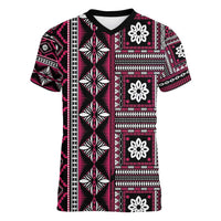 Fiji Masi Tapa Pattern Pink Women V-Neck T-Shirt LT01 Female Pink - Polynesian Pride