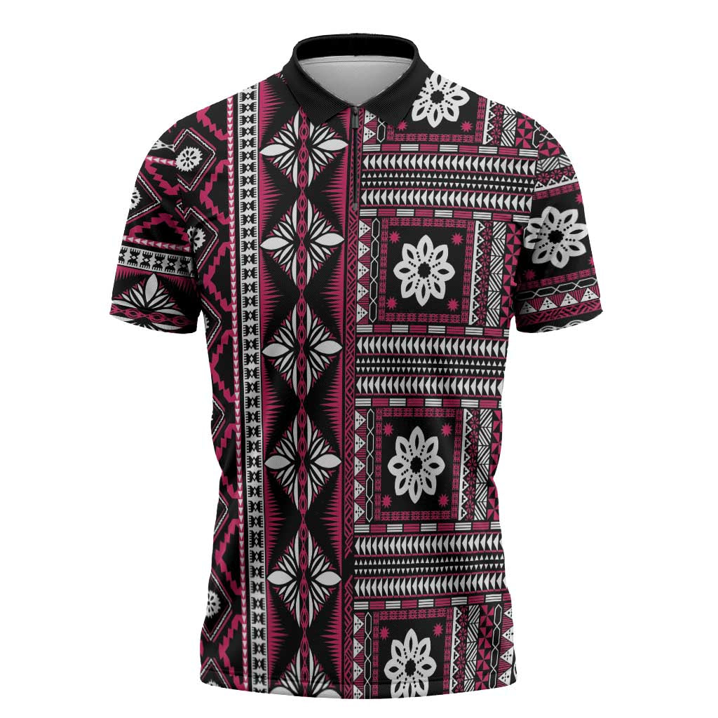 Fiji Masi Tapa Pattern Pink Zipper Polo Shirt LT01 Pink - Polynesian Pride