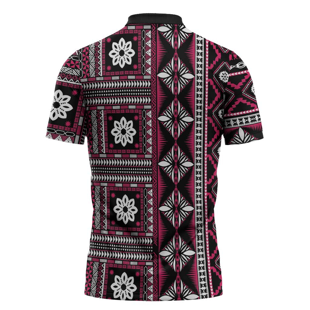 Fiji Masi Tapa Pattern Pink Zipper Polo Shirt LT01 - Polynesian Pride